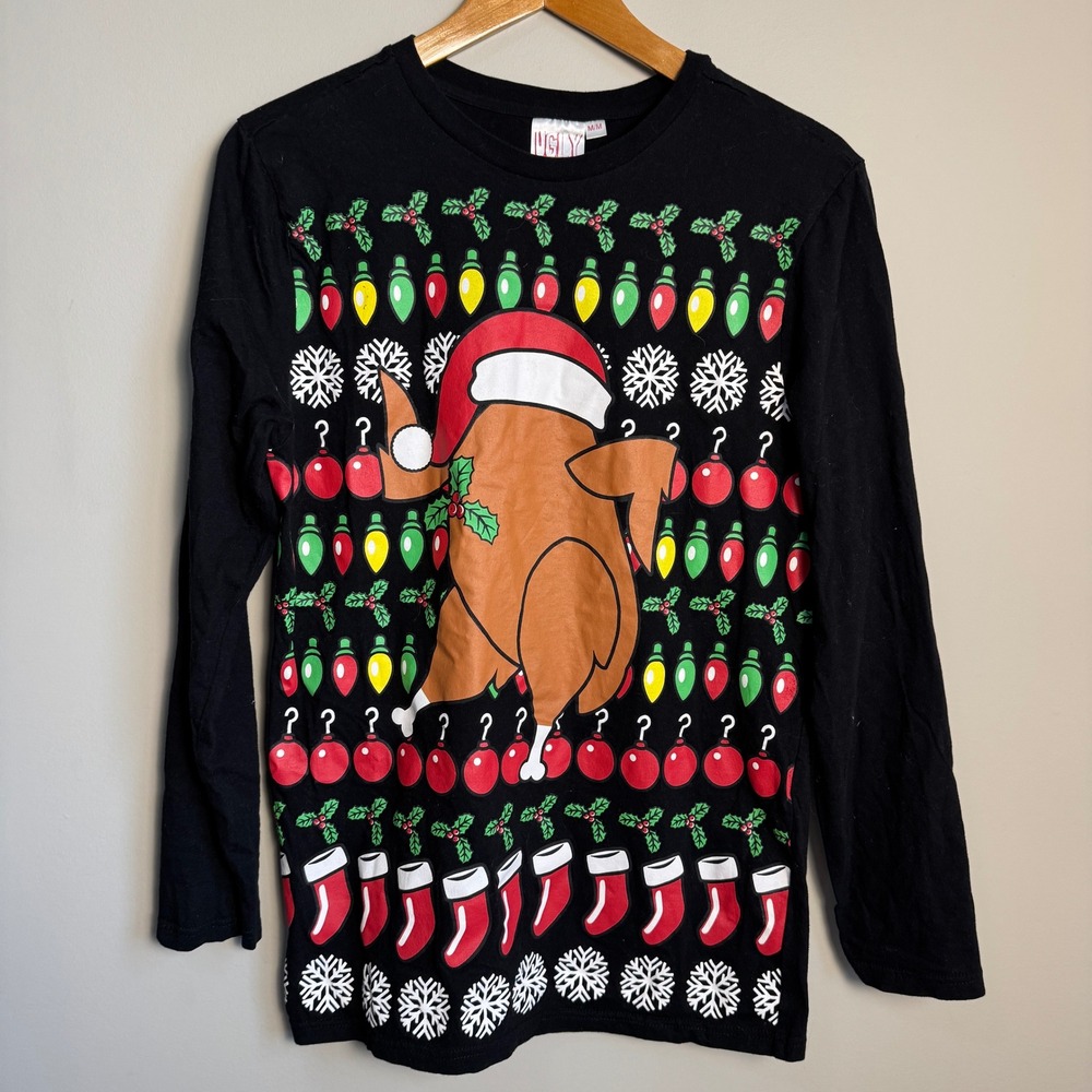 Ugly Xmas Turkey‎ Santa Hat Christmas Long Sleeve Holiday Top Medium
